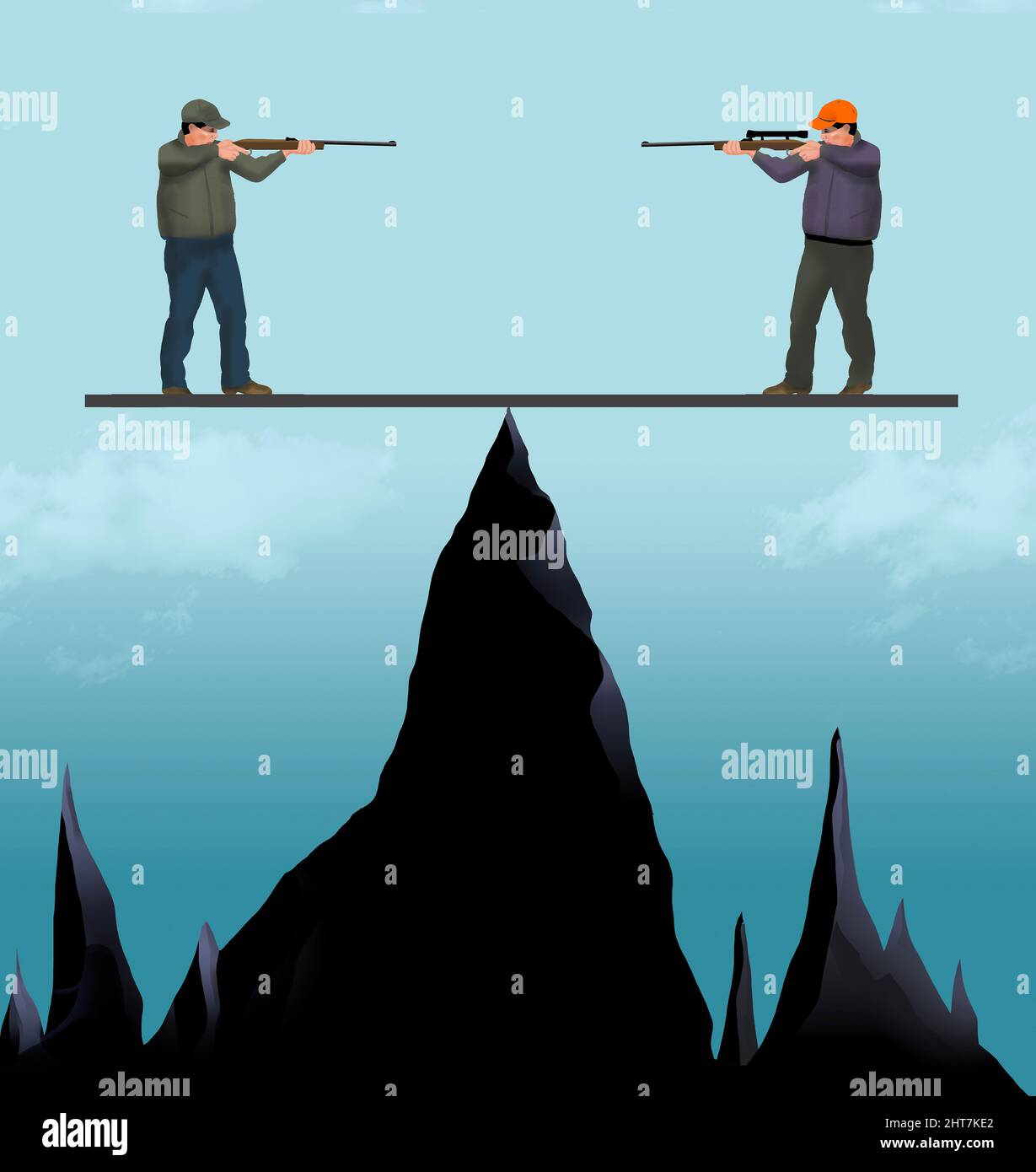 Männer richten Waffen auf einander und beide werden sterben, wenn sie fallen. In einer 3-d-Abbildung ist es eine Situation ohne Erfolg. Stockfoto