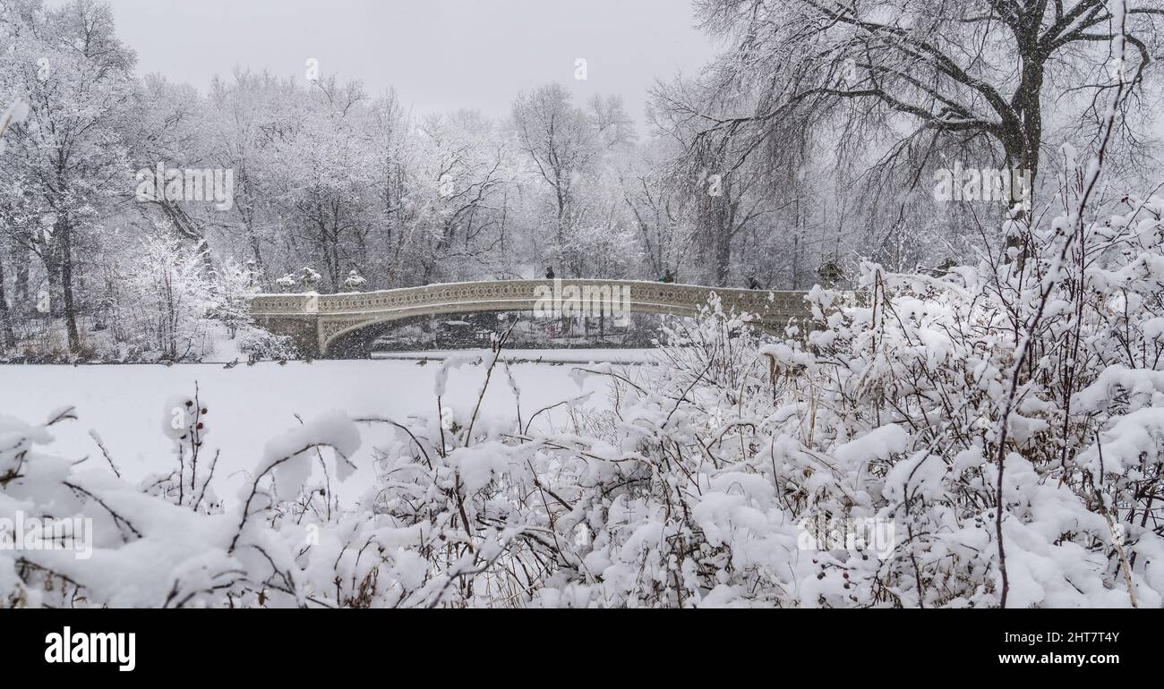 Schöner Schneescen im Central Park mit attraktiver Bogenbrücke Stockfoto