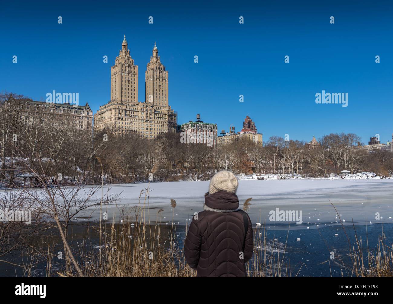 Central Park nach einem großen Schneesturm. Eine Frau, die das Wahrzeichen von New york anschaut Stockfoto