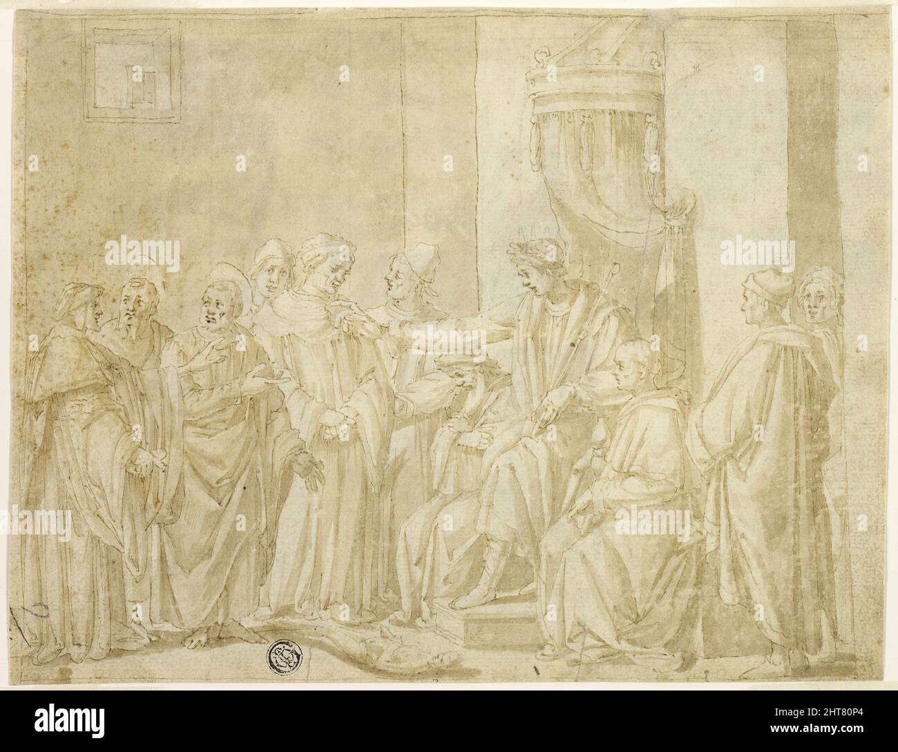 Heilige Peter und Paul streiten mit Simon Magus vor Nero (recto); fünf Szenen aus der Geschichte von Moses (verso), c. 1580. Stockfoto