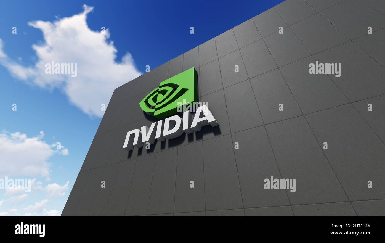 NVIDIA-Logo an der Wand, nur zur redaktionellen Verwendung, 3D-Rendering Stockfoto