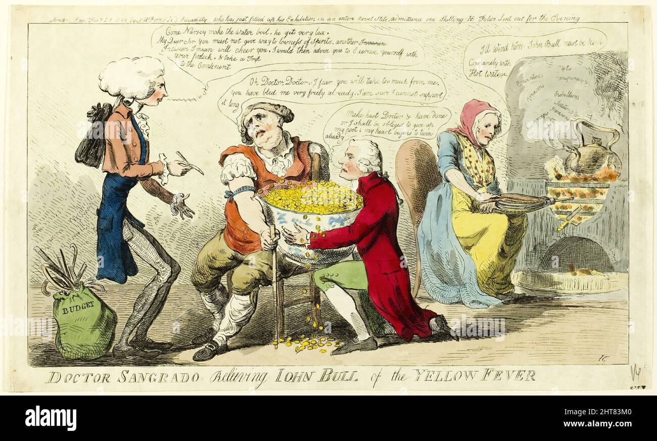 Dr. Sangrado Linderung von John Bull of Yellow Fever, veröffentlicht am 25. Februar 1795. Stockfoto