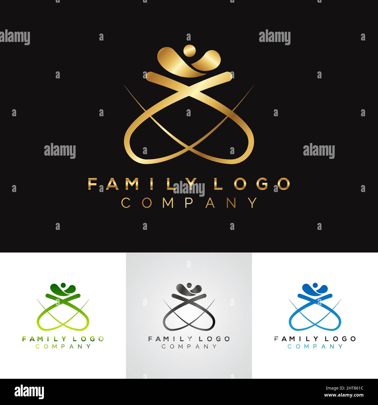 Goldenes metallisches Familienlogo mit Yoga-Symbol-Design Stock Vektor