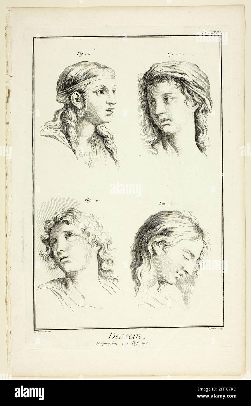 Zeichnung: Ausdrücke der Emotion (Wunder, Liebe, Verehrung, Entrückung), aus Encyclop&#xe9;die, 1762/77. Stockfoto