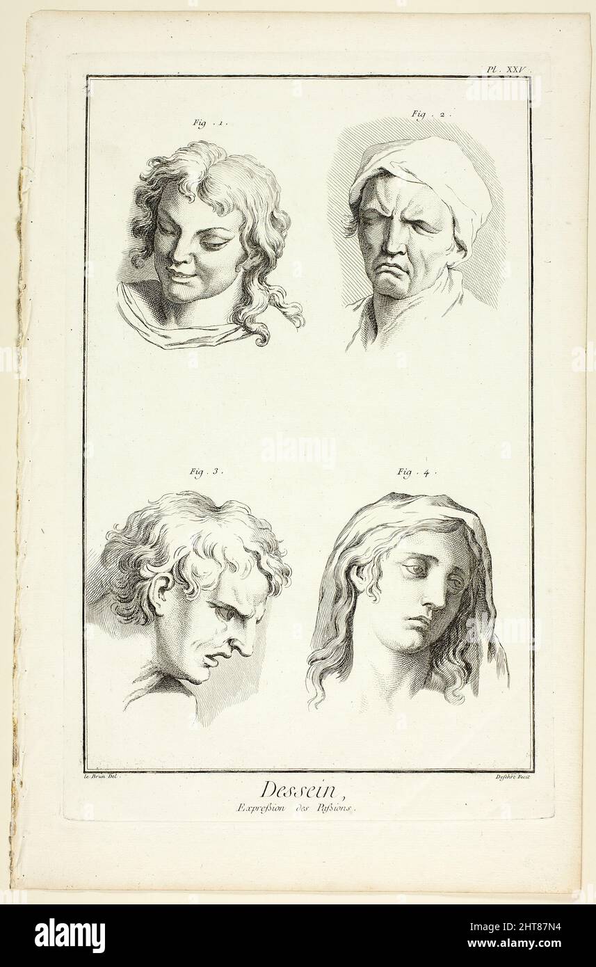 Zeichnung: Ausdrücke der Emotion (Lachen, Weinen, Mitgefühl, Traurigkeit), aus Encyclop&#xe9;die, 1762/77. Stockfoto
