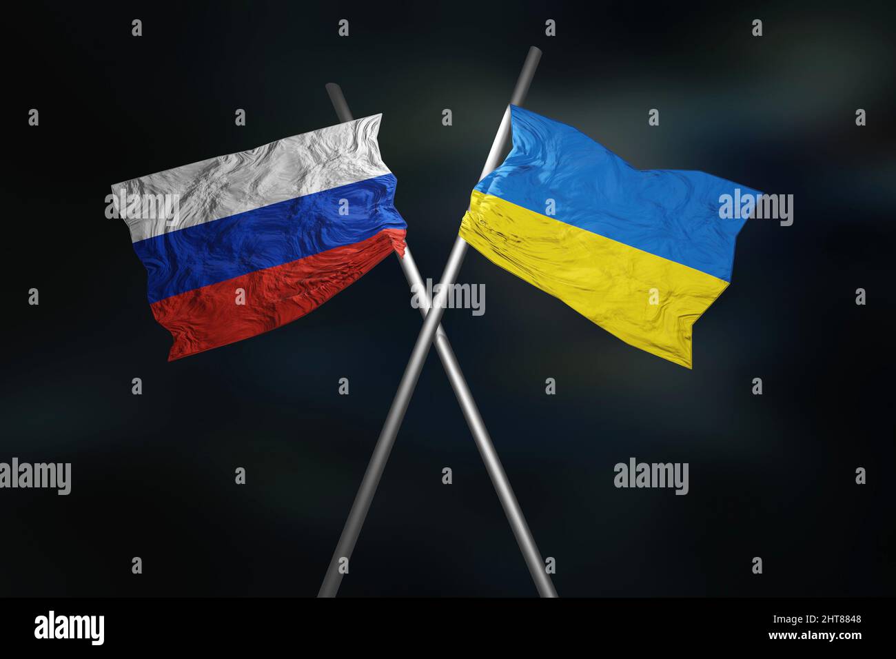 Ukraine Russland 2022 Krieg Krise Konflikt. Ukrainische und russische Flaggen. Stockfoto