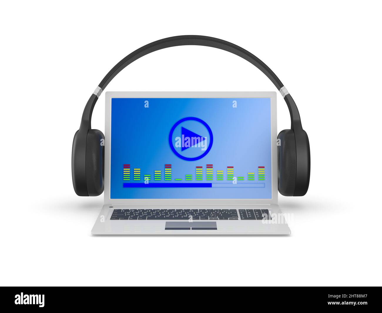 Laptop und Kopfhörer auf weißem Hintergrund. Isolierte 3D-Abbildung Stockfoto