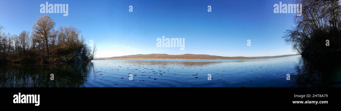 Eine Panoramaaufnahme von Bäumen auf dem See mit gegen einen blauen Himmel bei Sonnenaufgang Stockfoto