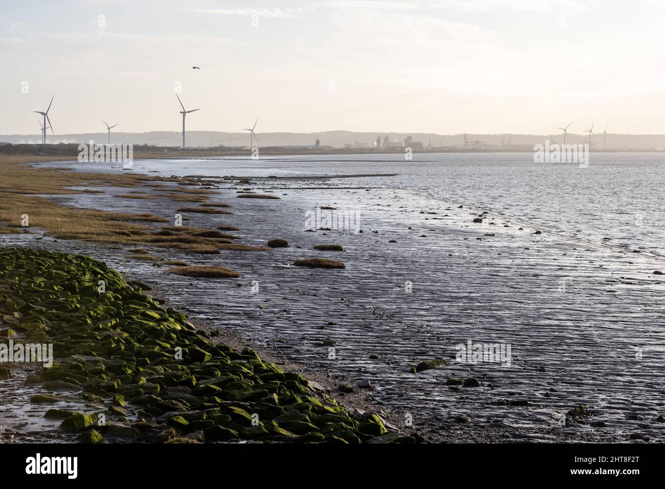 Bei Ebbe werden am Severn Beach auf dem Bristol Channel Schlammflatter aufgedeckt, hinter dem die Windturbinen und Industrieanlagen der Avonmouth Docks liegen. Stockfoto