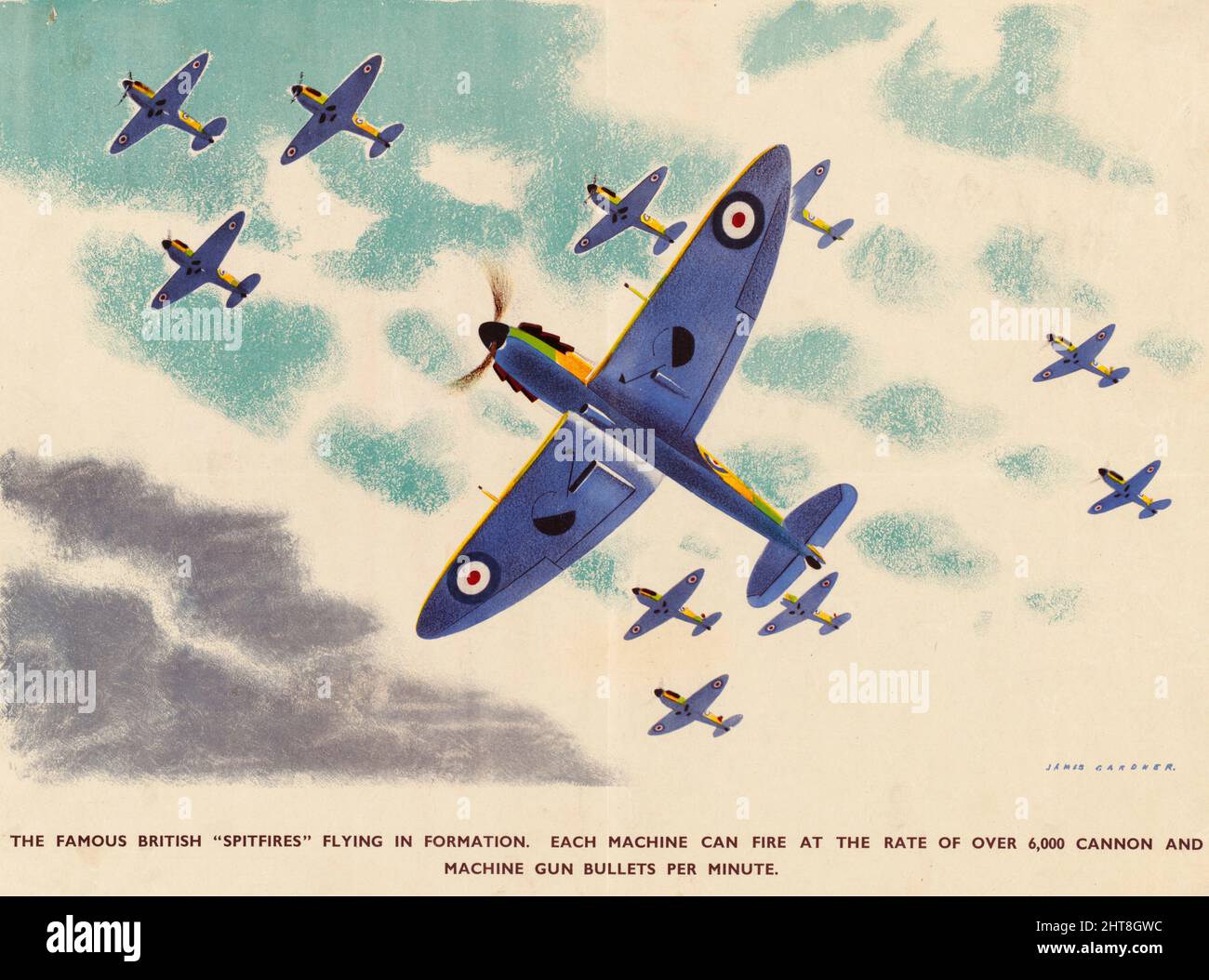 Die berühmten britischen Spitfires Flying in Formation. Jedes Maschinengewehr kann mit einer Geschwindigkeit von über 6.000 Kanonen und Maschinengewehr Kugeln pro Minute schießen Stockfoto