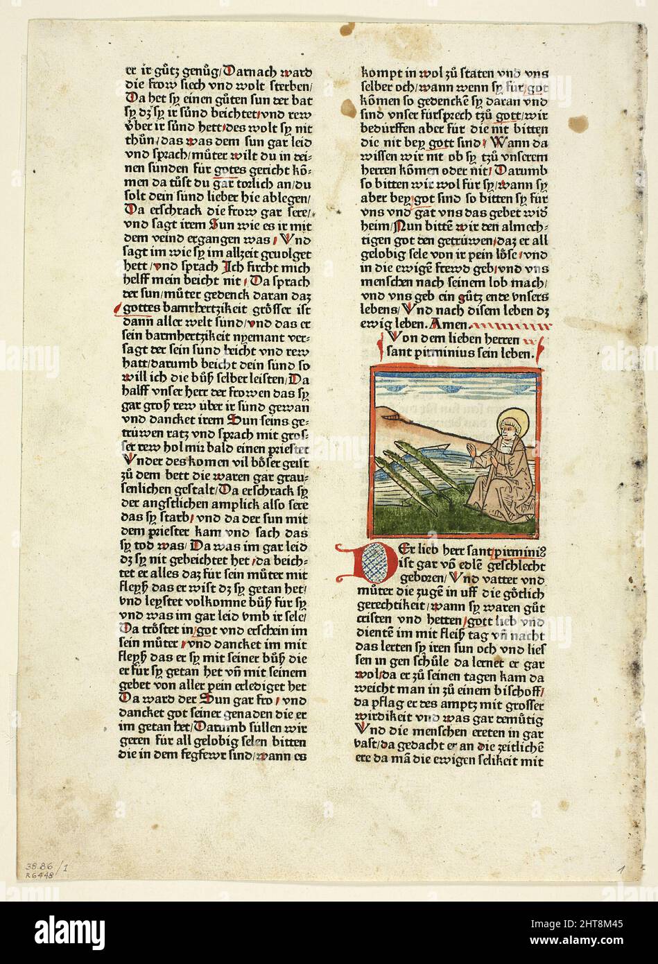 Leben des Heiligen Pirminius aus Heiligenleben, Winterteil (Leben der Heiligen, Winterzeit), Tafel 1 aus Holzschnitten aus Büchern des 15.. Jahrhunderts, 1471, Mappe zusammengestellt 1929. Stockfoto