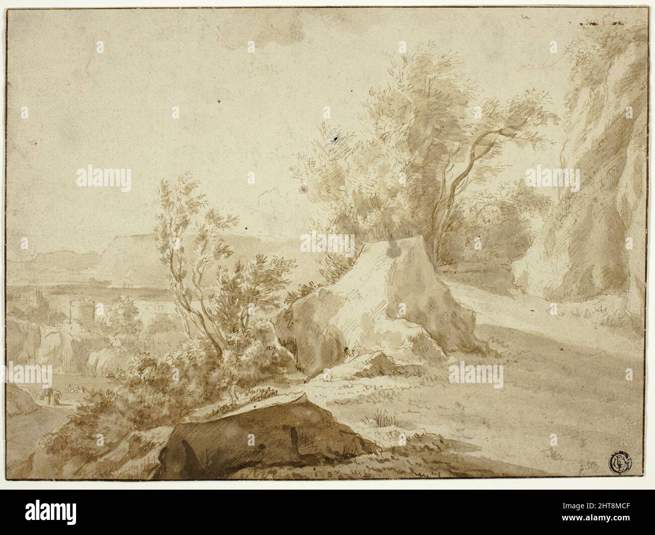 Felsen und Bergweg, Figuren und Stadt unten, n.d. Stockfoto