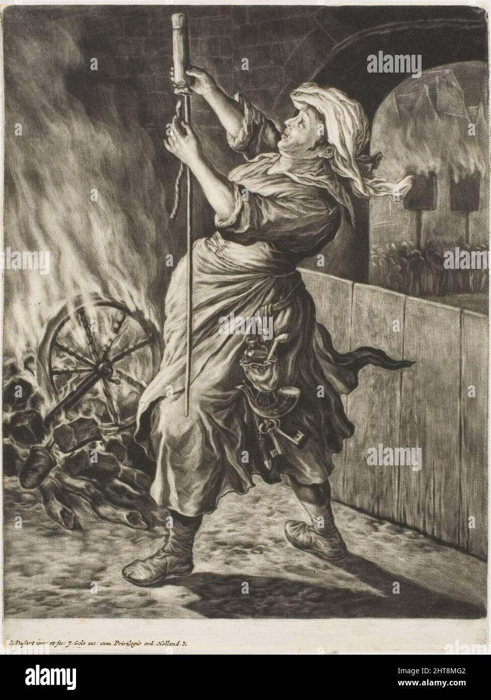 Frau, die eine Rakete, auch Frieden genannt, in Gang bringt, aus Communia Gaudia (die weit verbreitete Freude über die Belagerung von Namur), 1695. Stockfoto