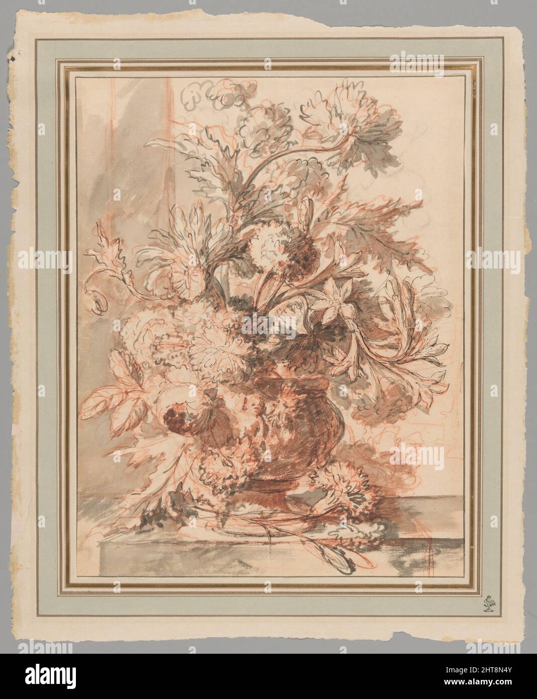 Blumen in einer Urne mit Putti verziert, auf einem Sockel, Anfang 18. Jahrhundert. Stockfoto