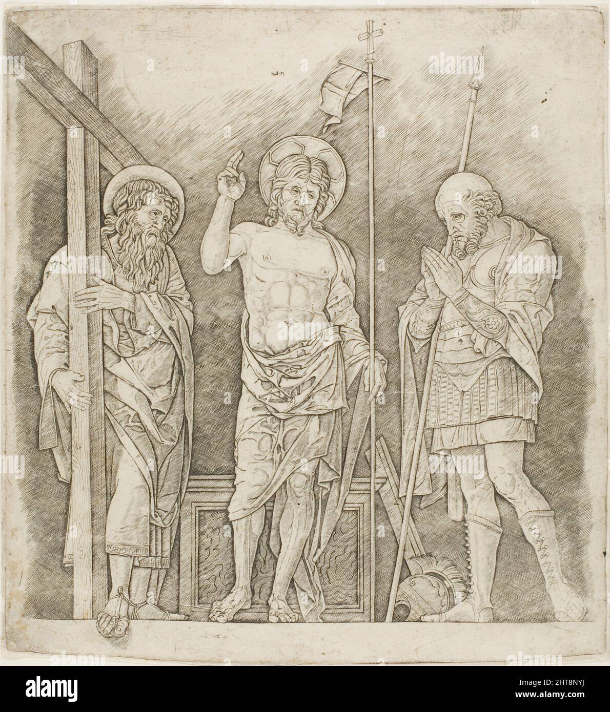 Auferstandener Christus zwischen den Heiligen Andreas und Longinus, ca. 1472. Stockfoto