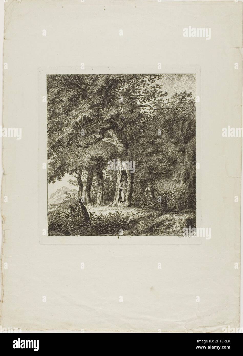 Nymphe versteckt sich in einem Baum, Platte acht aus Paysages D&#xe9;di&#xe9;s &#XE0; M. Warelet, 1764. Stockfoto