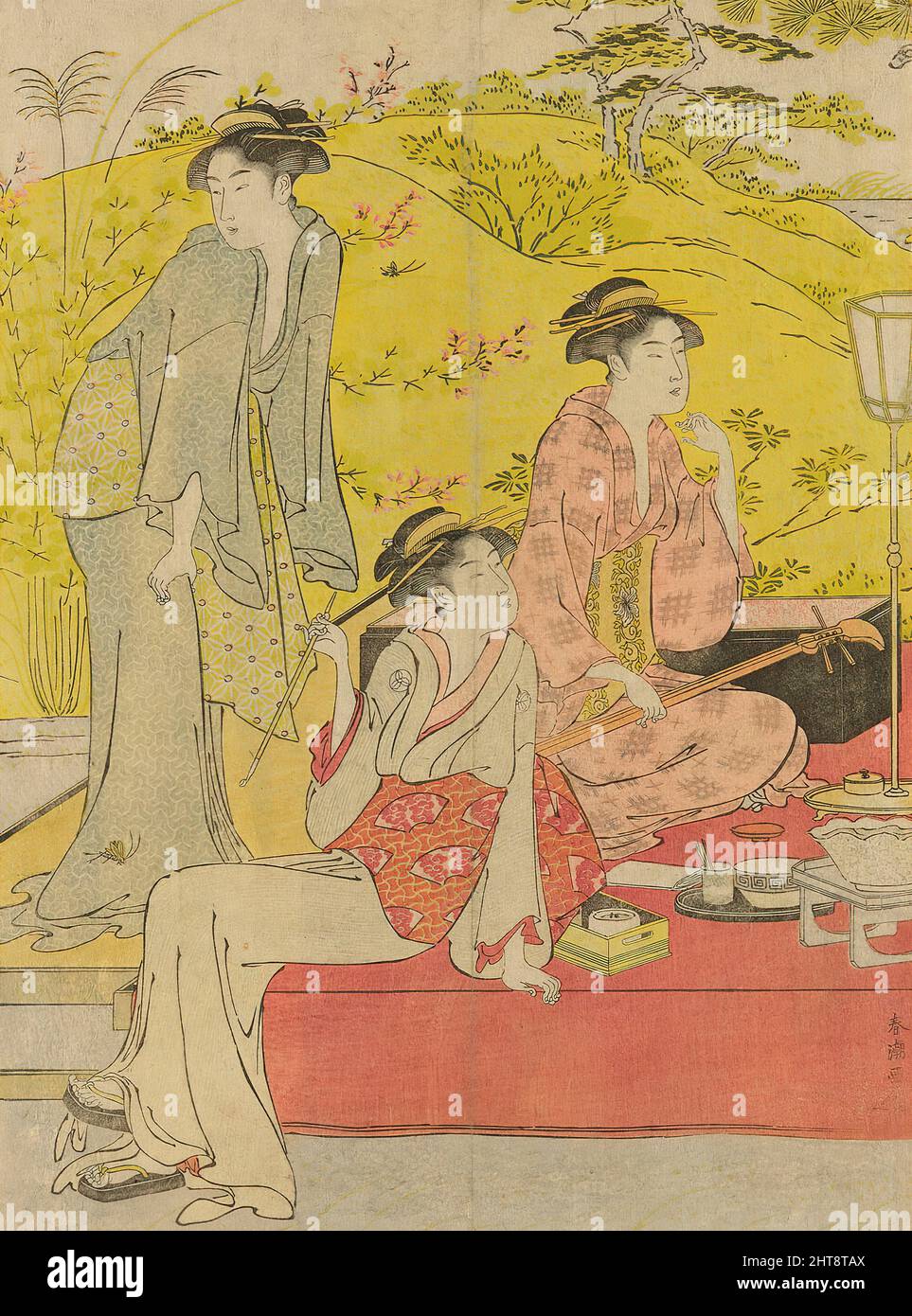 Picknick-Party in Hagidera, c. 1785/95. Frauen und Kinder entspannen sich an einem Tag: Versuchen, eine Kricket zu fangen, um sie in einen Käfig zu stecken; rauchen eines Kiseru, spielen die Shamisen. Detail aus einem größeren Kunstwerk. Stockfoto