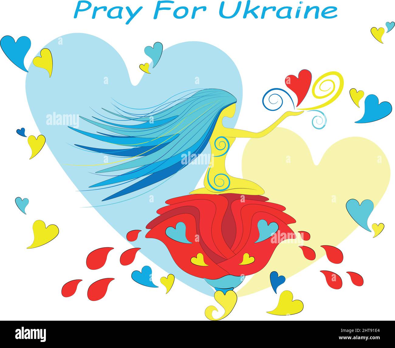 Illustration des Gebets für die Ukraine. Die Ukraine ist eine sanfte Frau, sie ist erfüllt von reinen Herzen ihres Volkes und braucht die Unterstützung der ganzen Welt. L Stock Vektor