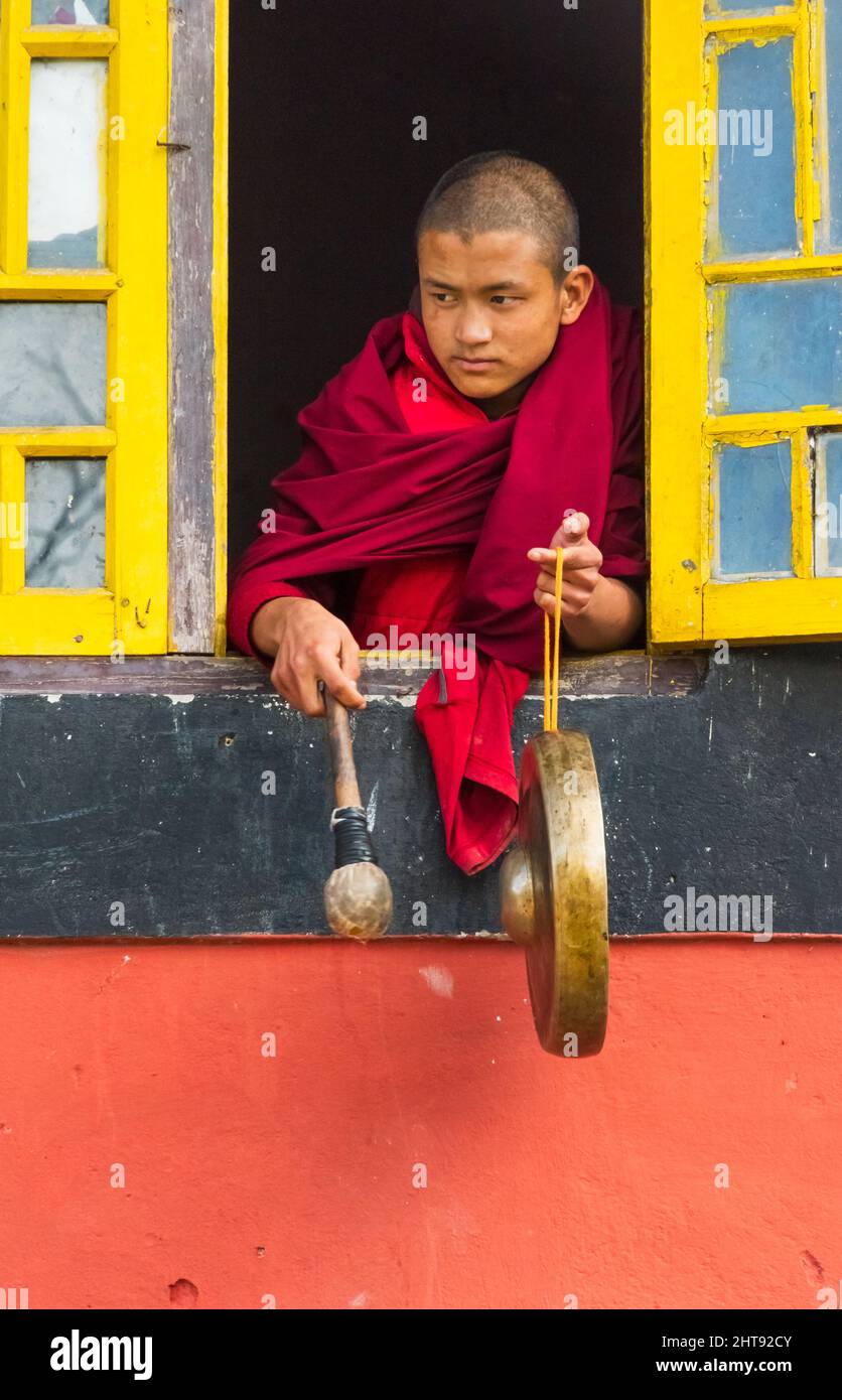 Mönch mit gong im Kloster Sangchen Pemayangtse, Pelling, Sikkim, Indien Stockfoto