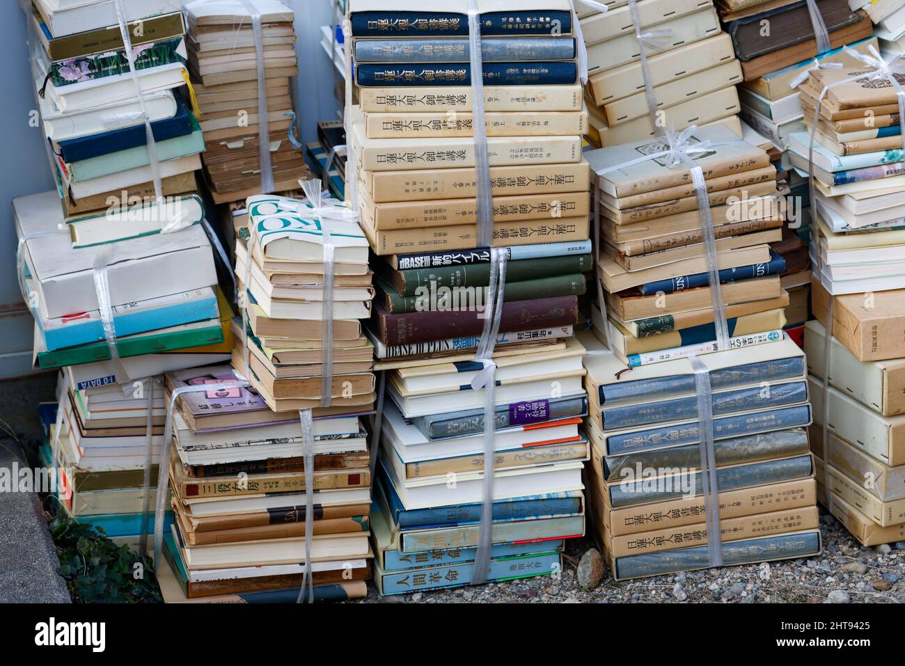 Stapel alter Bücher zum Recycling gebündelt Stockfoto