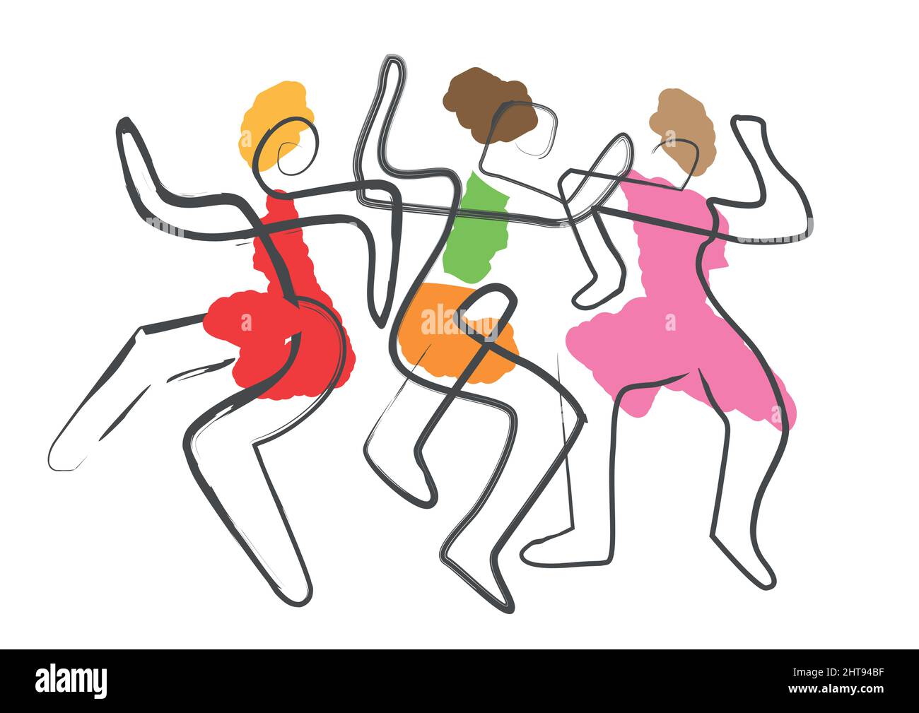 Drei tanzende Frauen, Tanzparty, Line Art. Abstrakt expressive Illustration von Tänzern. Fortlaufende Linienzeichnung. Vektor verfügbar. Stock Vektor