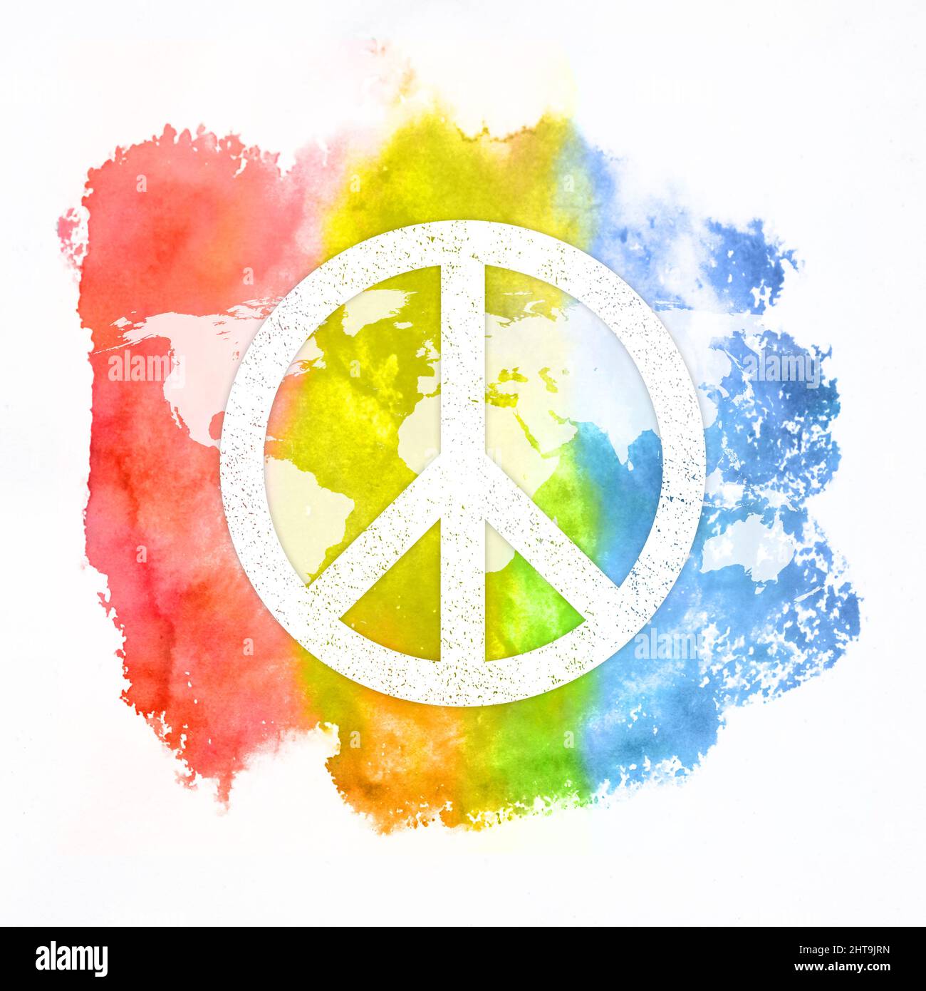 Frieden Hintergrund. Weißes Symbol für Frieden und Weltkarte auf Regenbogenfarben Aquarell-Hintergrund auf Papier. Stockfoto