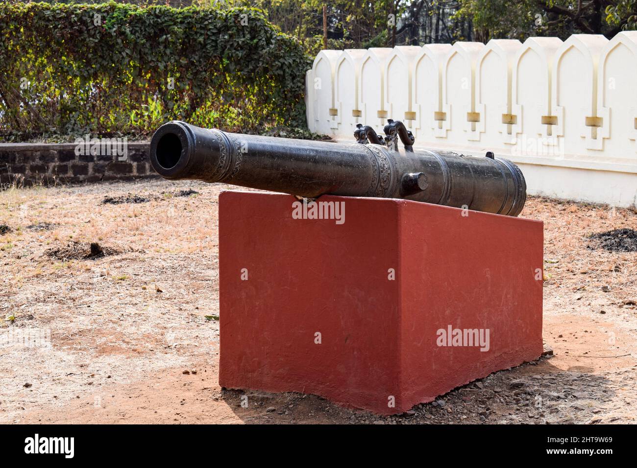 Nahaufnahme einer alten schwarzen Kanone in Kolhapur, Maharashtra, Indien Stockfoto
