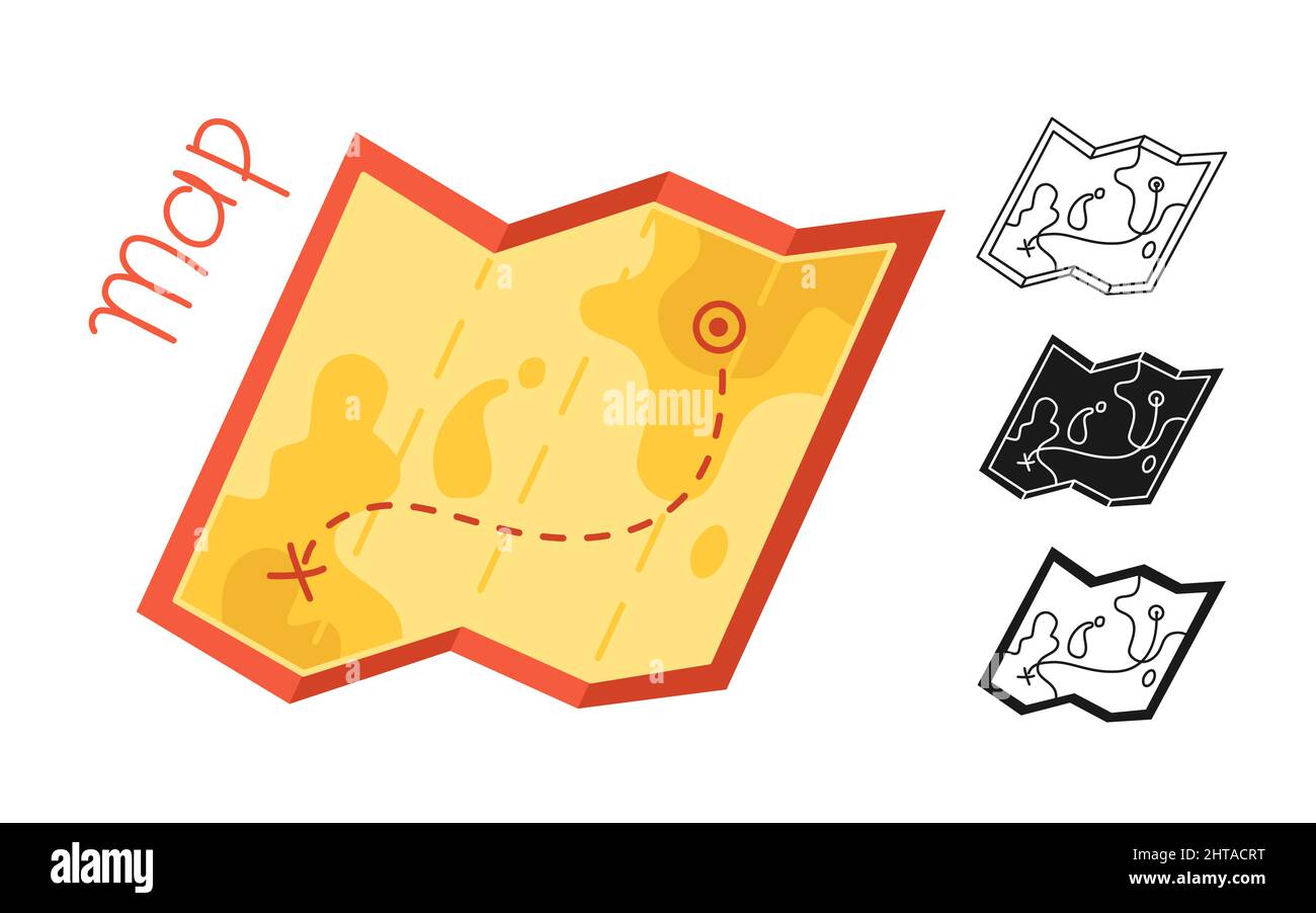 Karte gefaltet Cartoon-Symbol oder Stempel, Doodle-Set. Papier Karten einfache gezeichnete Linie Zeichen Suche Schatz. Ziel- und Routensymbol, Reisende und Wandertouristen. Vektordarstellung „Strarting Point“ Stock Vektor