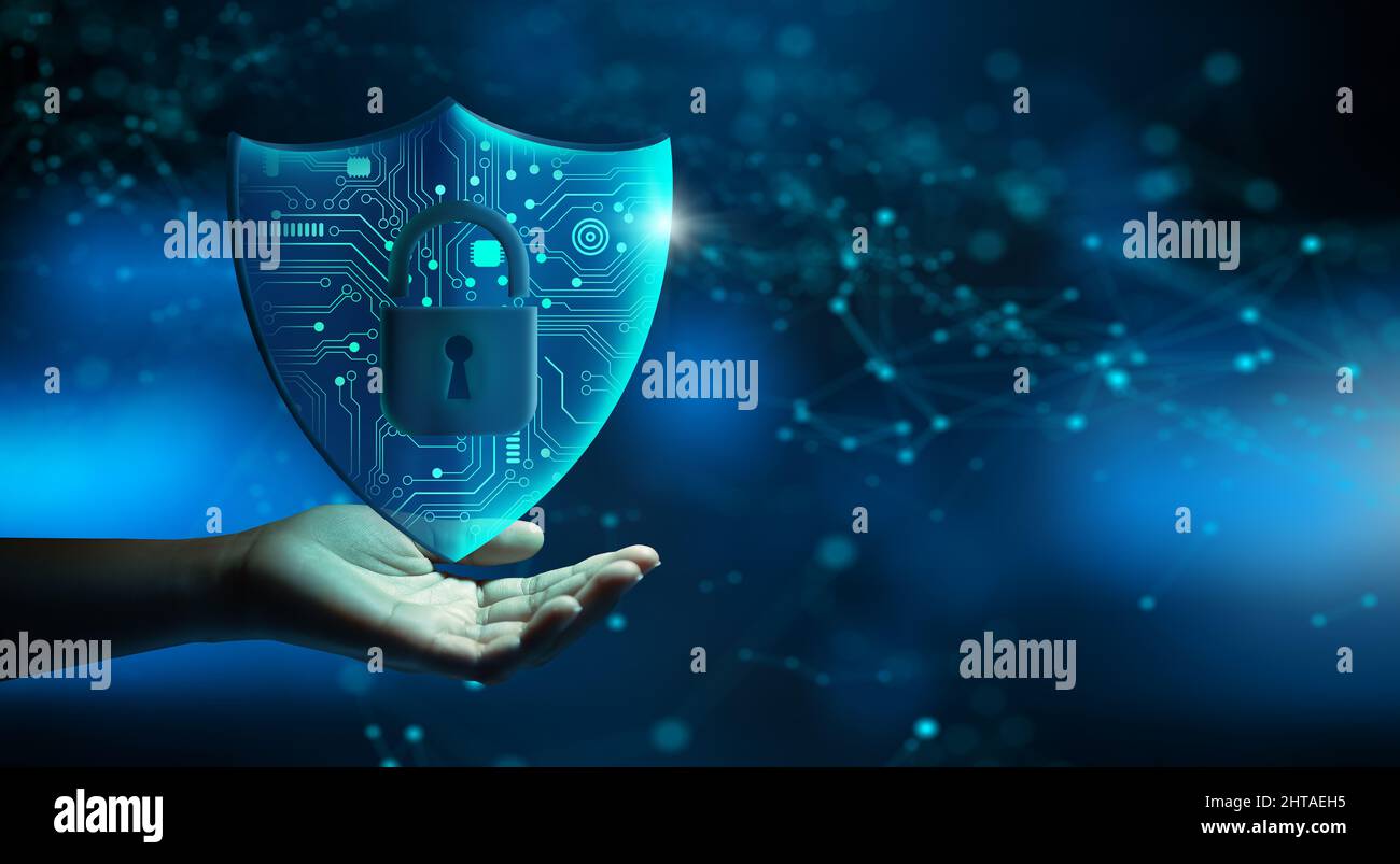 Handhalteschild mit Vorhängeschloss-Symbol und Netzwerkdrahtrahmen auf blauem Hintergrund, abstrakt. Blockierung von Cyberangriffen, Cyber-Daten und Datenschutz. Stockfoto