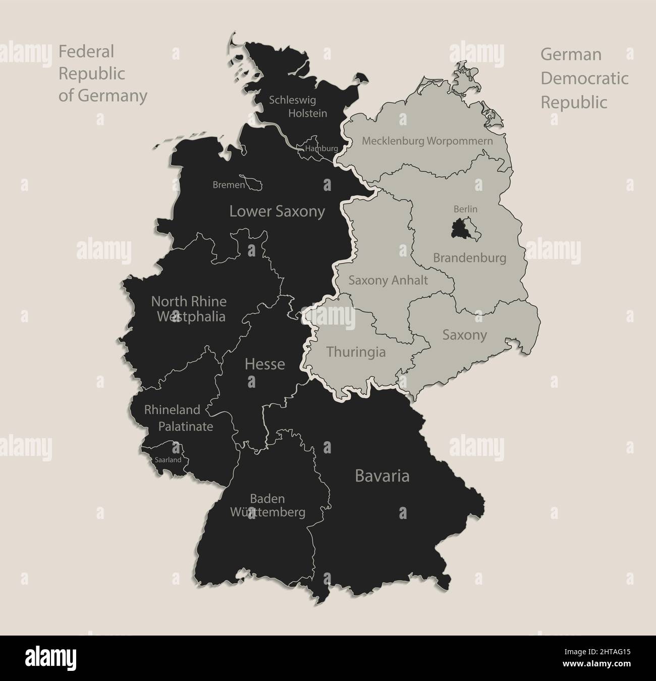 Schwarze Karte von Deutschland auf West- und Ostdeutschland geteilte Karte mit Namen von Regionen, Design Tafel Vektor Stock Vektor