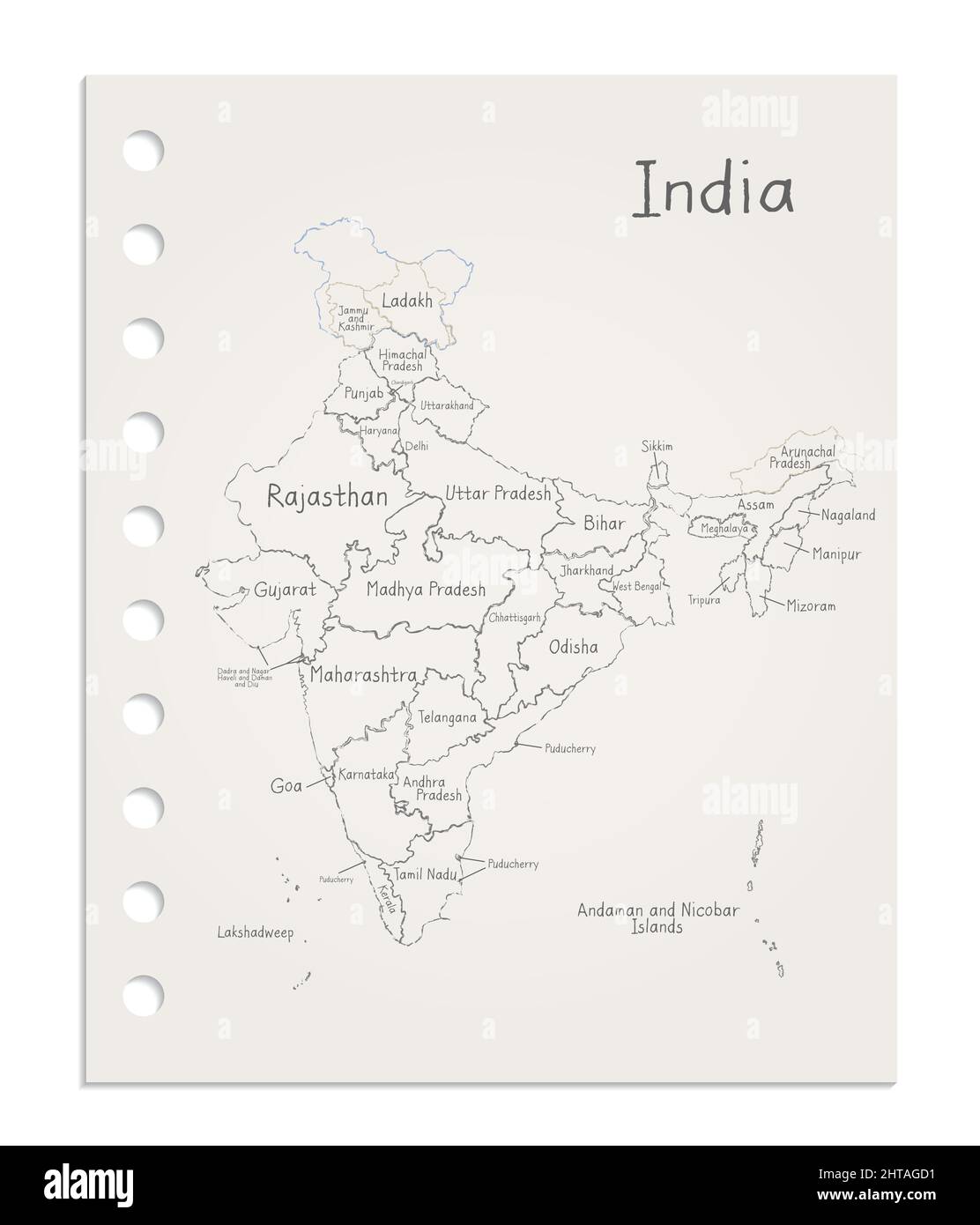 Indien-Karte auf einem realistisch sauberen Blatt Papier, das vom Blockvektor gerissen wurde Stock Vektor