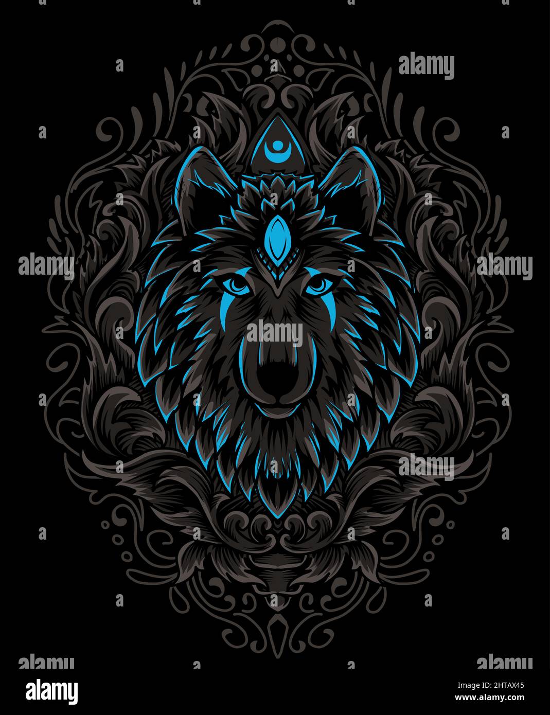 Illustration Vektor Wolf Kopf mit Gravur Ornament Stock Vektor