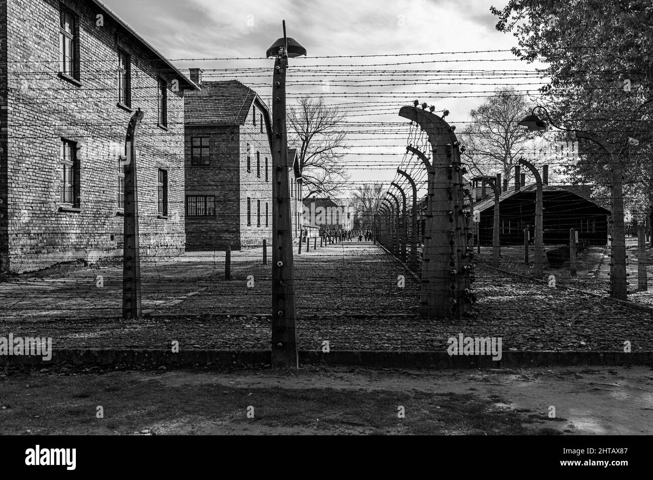 Graustufenansicht des Konzentrationslagers Auschwitz, Birkenau, Polen Stockfoto