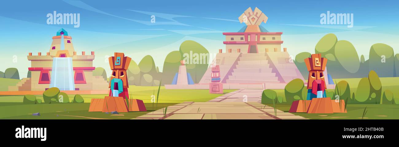 Aztekische Stadt mit Pyramiden und Statuen, maya-Reise-Wahrzeichen mit Steinmonumenten auf grünem Feld. Tempel von Kukulkan oder El Castillo Pyramide in Chichen Itza malerische Landschaft, Cartoon-Vektor-Illustration Stock Vektor
