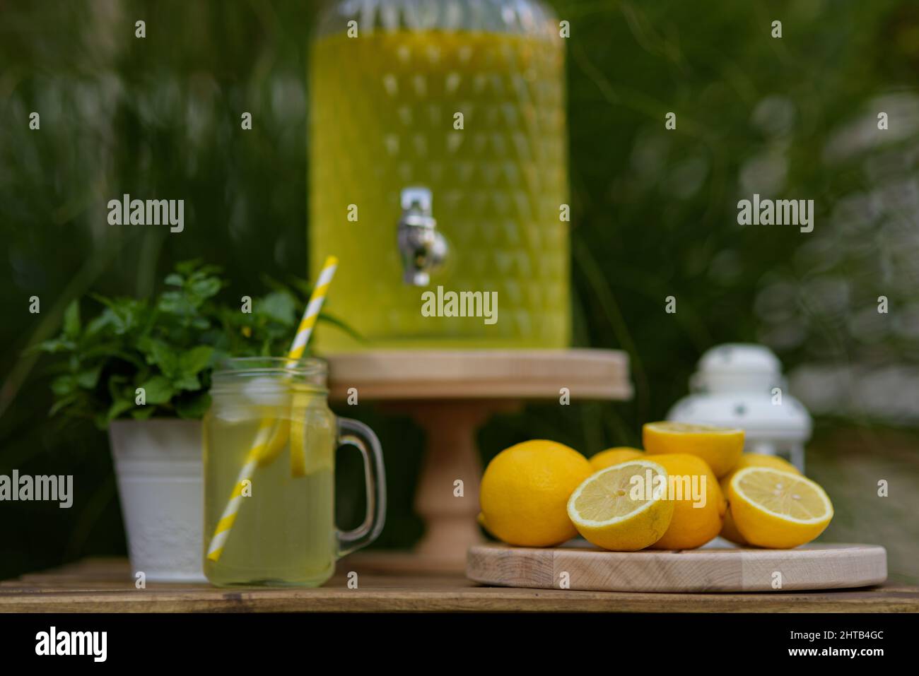 Foto von Zitrone und hausgemachter Limonade mit Minze und Eis auf einer Holzbank im Garten Stockfoto