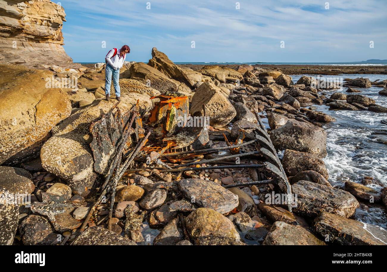 Rostige Überreste des 1898 zerstörten Raddampfers Maitland am Bouddi Point; Maitland Bay, Bouddi National Park, Central Coast, New South Wales, Australien Stockfoto