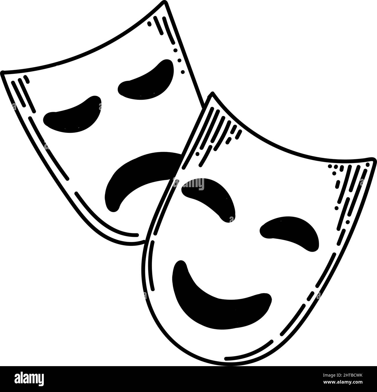 Gesichtsmasken für Schauspieler, handgezeichnet im Doodle-Stil. Konturikon einer Theatermaske. Emotion von Freude und Traurigkeit. Isoliertes Linienzeichnungselement. Vektor i Stock Vektor