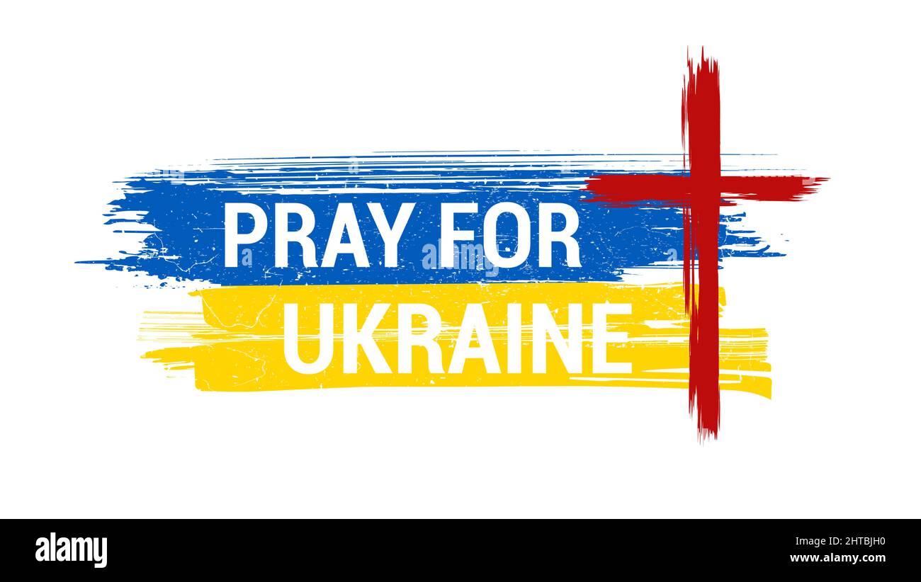 Gebet für die Ukraine Poster im Grunge Stil mit rotem Kreuz Jesus Christus Stock Vektor