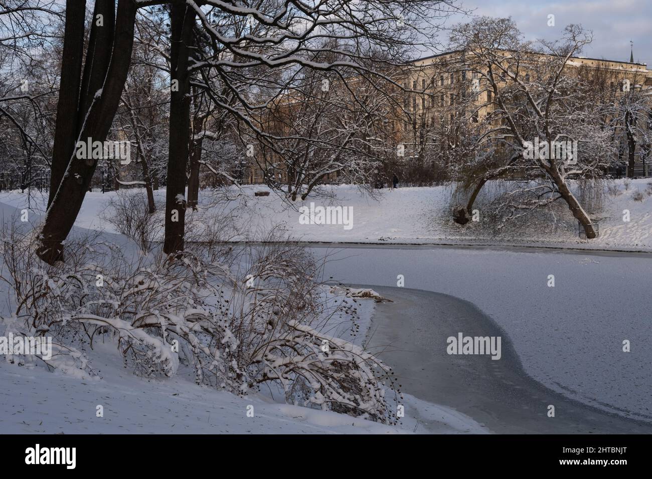 Schneebedeckte Bäume und Sträucher am Kanal von Riga Stockfoto