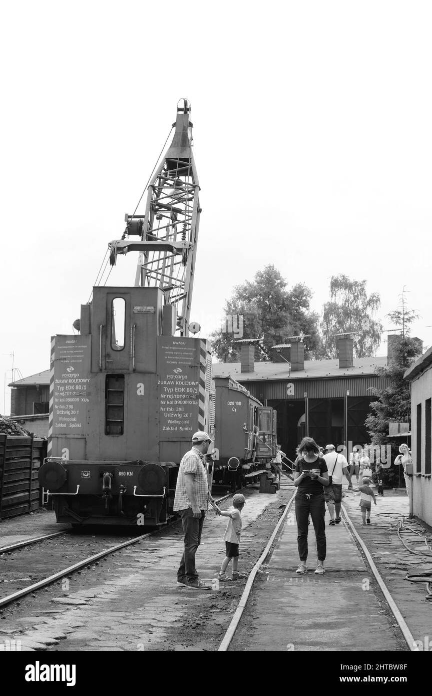 Graustufenaufnahme von Menschen, die in einem Freilichtmuseum auf einer Strecke mit alten Eisenbahnwaggons stehen Stockfoto