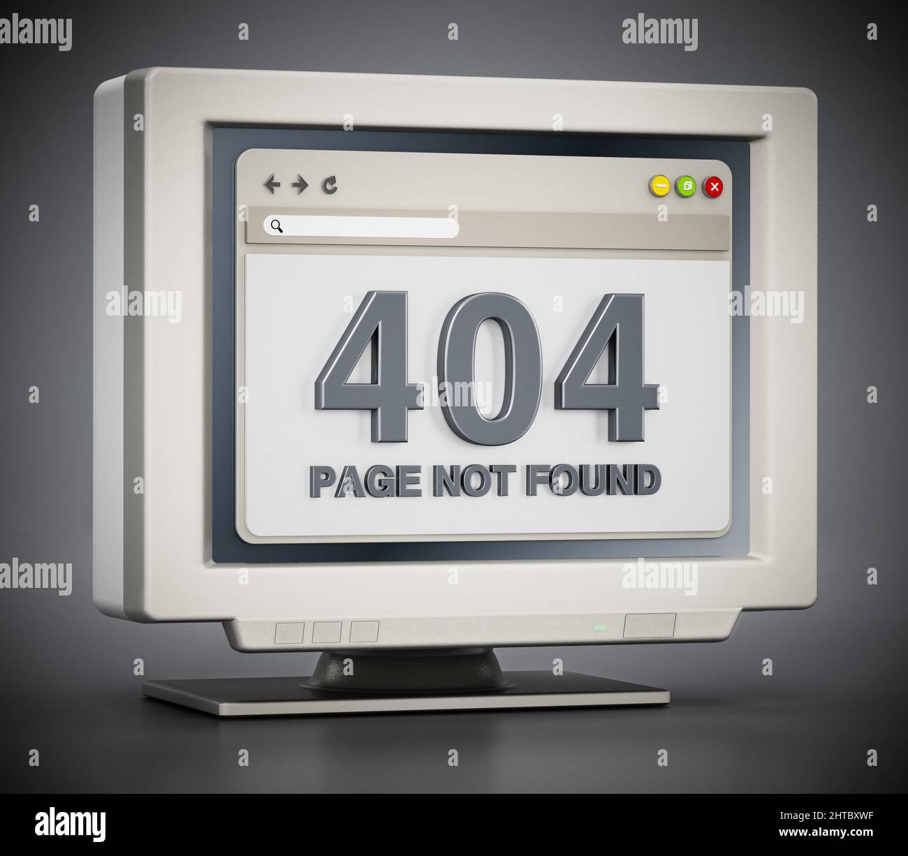 Retro-Monitor mit 404-seinit-found-Verbindungsfehlercode auf der Webseite. 3D Abbildung. Stockfoto