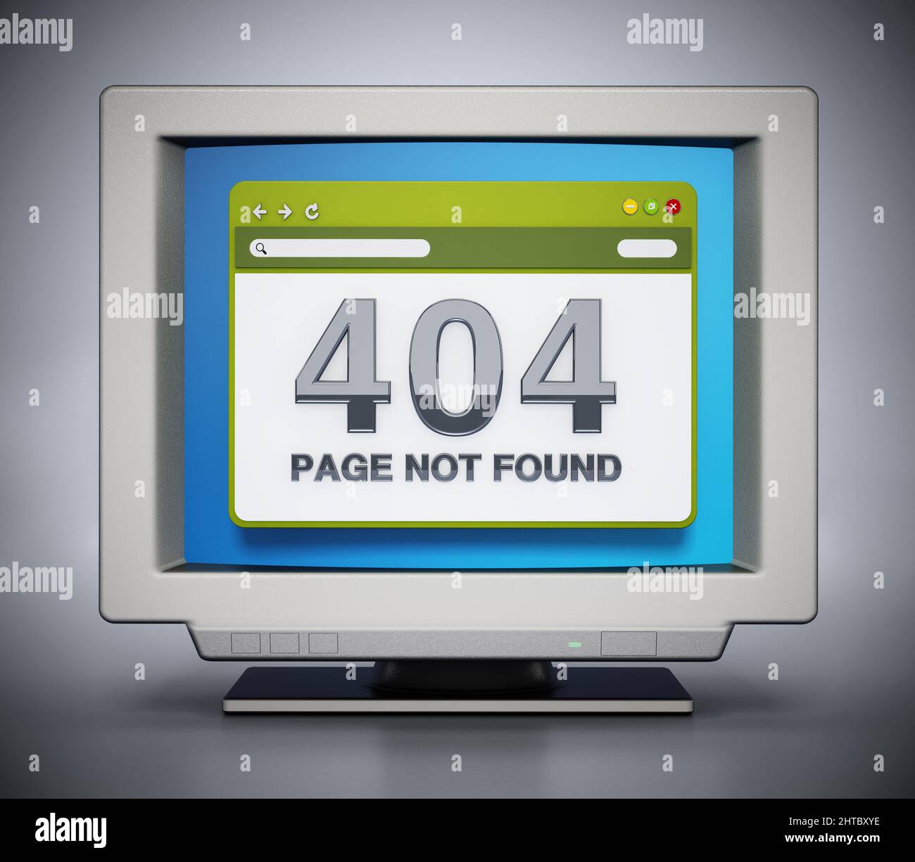 Retro-Monitor mit 404-seinit-found-Verbindungsfehlercode auf der Webseite. 3D Abbildung. Stockfoto