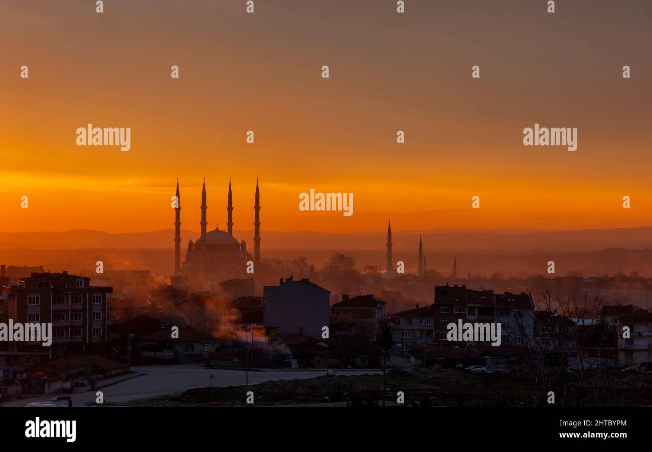 Selimiye Moschee und ein einzigartiger Sonnenuntergang, Edirne, Türkei Stockfoto