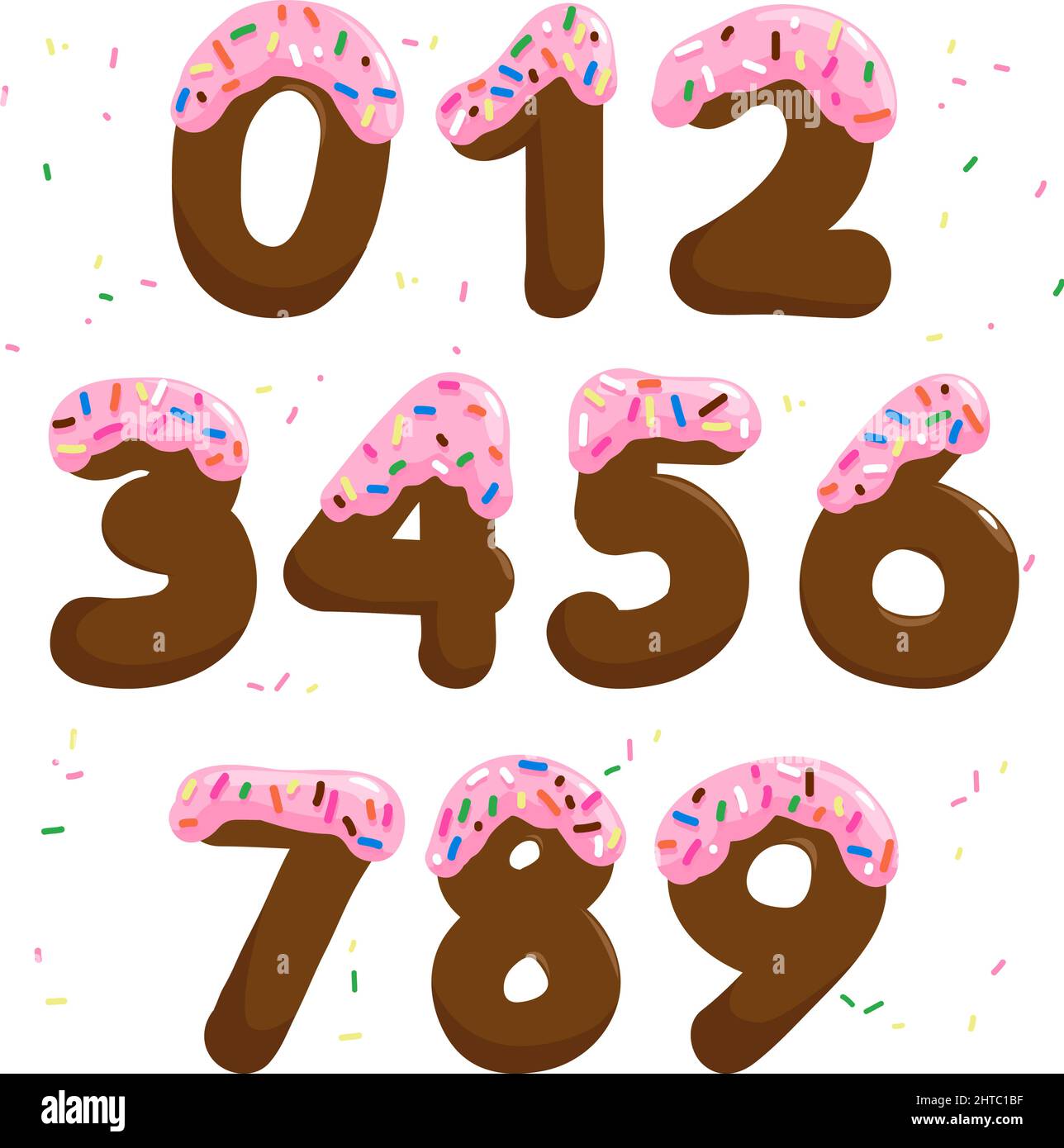 Schokoladen-Zahlen mit rosa Zuckerguss und bunten Streuseln. Vektorgrafik Stock Vektor