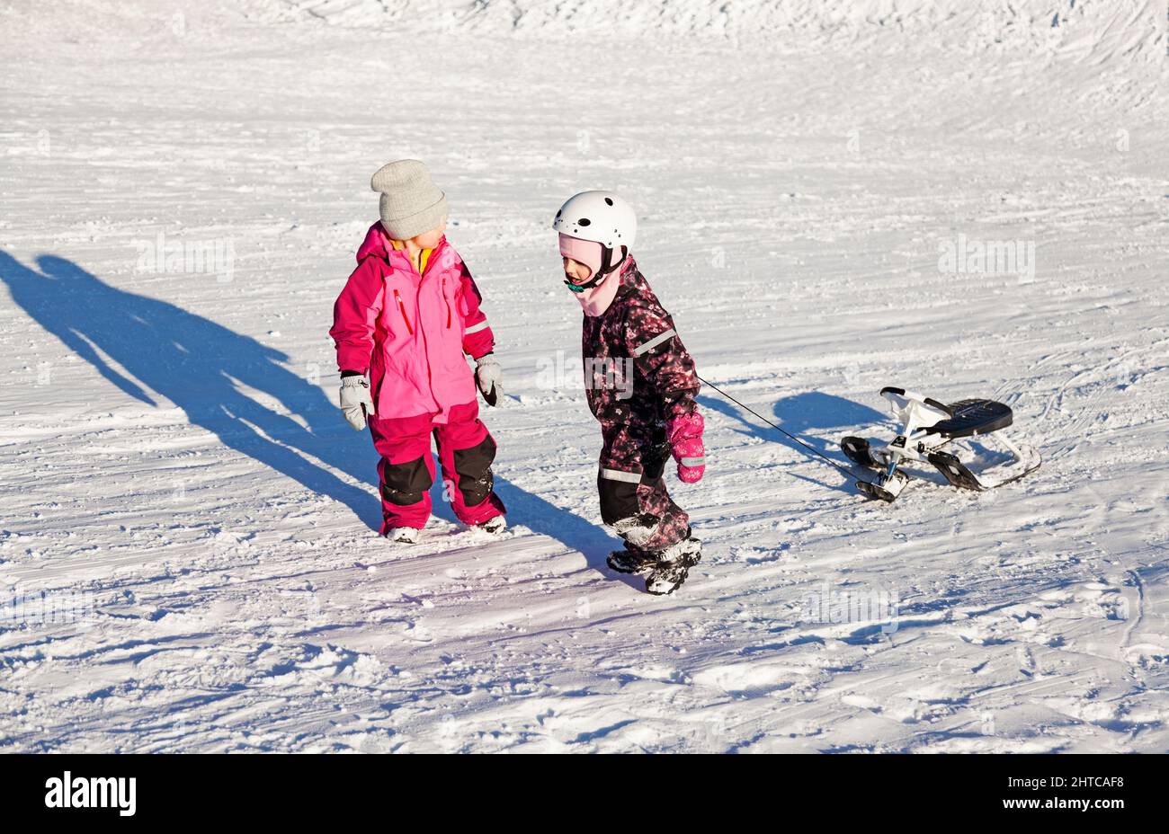 Umea, Norrland Schweden - 19. Februar 2022: Zwei Kinder ziehen einen Schlitten auf einen Hügel Stockfoto