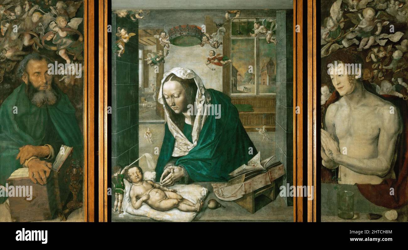 Dresdner Altar: Zentrale Tafel: Madonna, die das Kind anbetend. Die Seitenteile: Saint Anthony und Saint Sebastian, c. 1496. Gefunden in der Sammlung der Staatlichen Kunstsammlungen Dresden. Stockfoto Dresdner Altar: Zentrale Tafel: Madonna, die das Kind anbetend. Die Seitenteile: Saint Anthony und Saint Sebastian, c. 1496. Gefunden in der Sammlung der Staatlichen Kunstsammlungen Dresden. Stockfoto