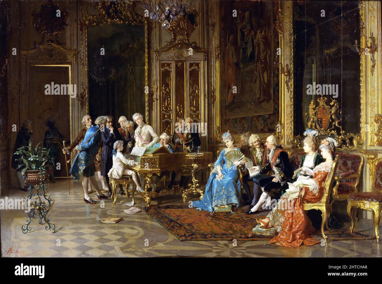 Mozart spielt das Cembalo für König Georg III., um 1891. Gefunden in der Sammlung der Accademia Carrara, Bergamo. Stockfoto
