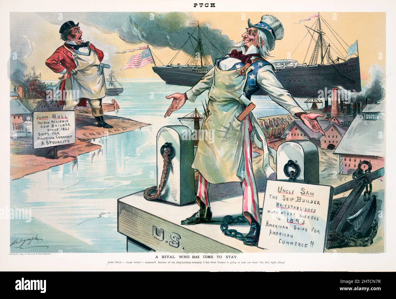 Eine Illustration des amerikanischen Puck Magazine aus dem späten 19.. Jahrhundert von Onkel Sam, der mit seinen Armen auf einem festen Dock mit der Aufschrift „USA“ neben einem Schild steht, auf dem steht: „Onkel Sam – der Schiffsbauer wurde 1893 mit großem Erfolg wiedergegründet. Amerikanische Schiffe für den amerikanischen Handel!!', mit einem riesigen Dampfschiff im Hintergrund; über einem Gewässer steht John Bull, in einem Zustand des Schocks, am Ufer von 'England' neben einem Schild, das besagt 'John Bull - der alte zuverlässige Schiffsbauer seit 1861. Schiffe für den amerikanischen Handel eine Spezialität“. Stockfoto