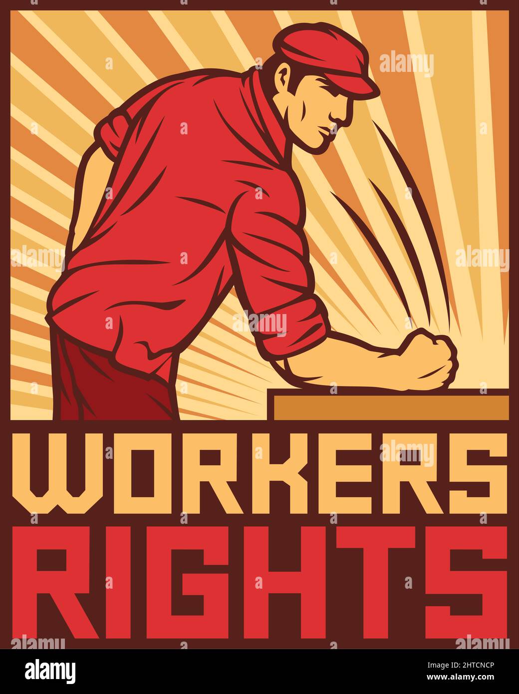 Plakat zu Arbeitnehmerrechten – erster Treffer auf dem Tisch (Entwurf für den Tag der Arbeit) Stock Vektor