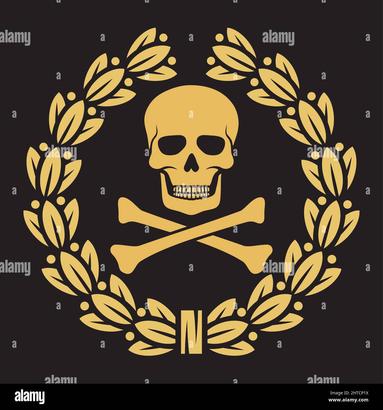 Schädel, gekreuzte Knochen und Lorbeerkranz-Symbol (Piratenzeichen). Vektorgrafik. Stock Vektor